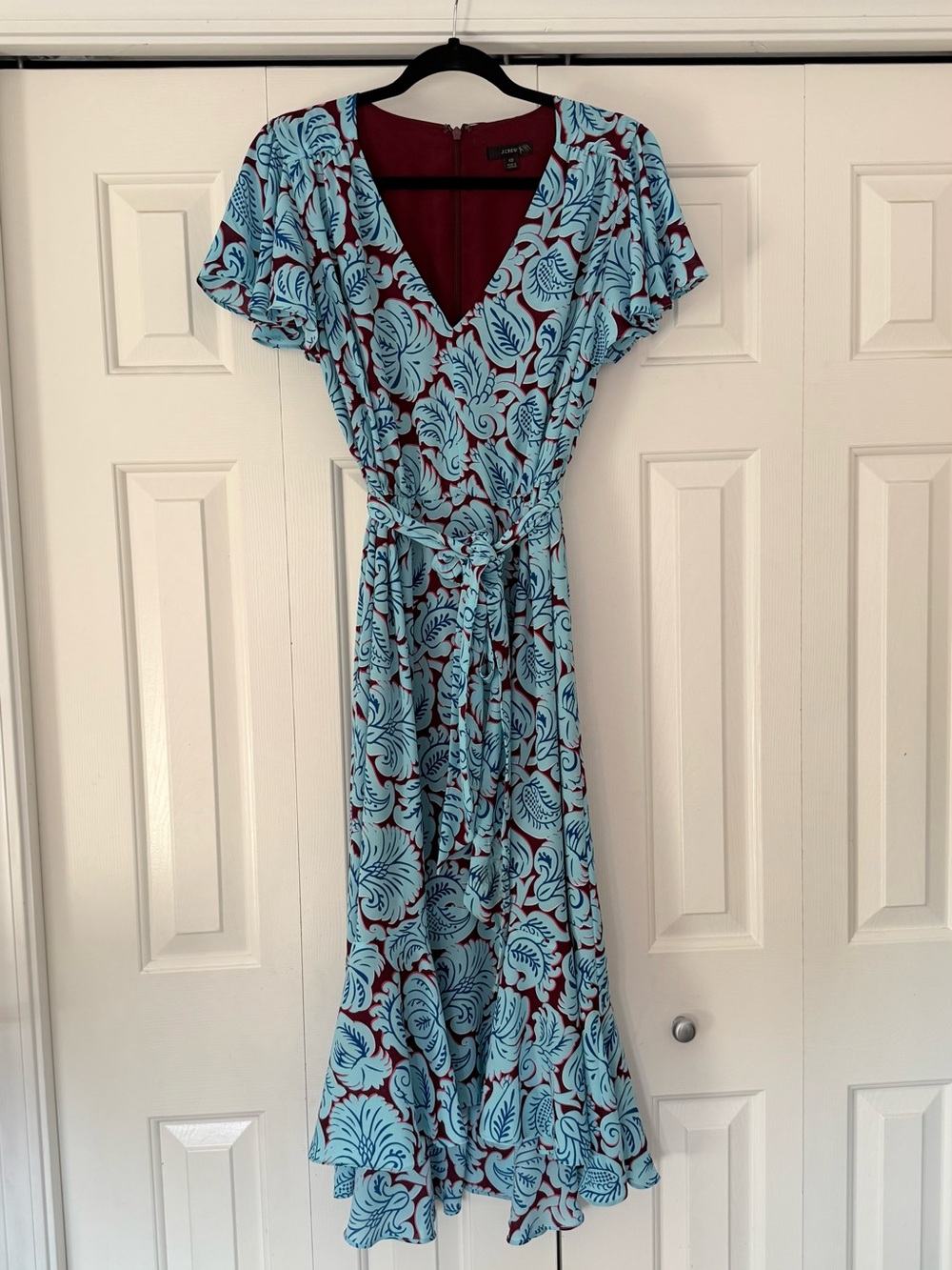 J. Crew Aqua and Burgundy Floral Wrap Midi Dress with Tie Waist #0095